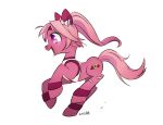  1girl animal_ears animalization bandages bow cutie_mark ear_covers hair_bow hairband haru_urara_(umamusume) heart horse_ears horse_tail my_little_pony my_little_pony:_friendship_is_magic no_humans open_mouth pink_fur pink_hair pink_tail ponytail red_bow red_trim shirt short_hair sleeveless smile solo sweatband tail two-tone_bowtie umamusume violet_eyes white_bow white_shirt zzekzzek 