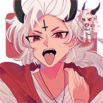 1boy cross cross_tattoo demon_boy demon_horns fangs highres horns inverted_cross jewelry long_hair male_focus mini_person miniboy necklace open_mouth red_eyes satan_(what_in_hell_is_bad) shirt tongue tongue_out track_suit upper_body what_in_hell_is_bad white_hair white_shirt