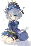  1girl :t akizuwa animal_ears ascot black_shorts blue_ascot blue_eyes blue_headwear blue_jacket brooch cat_ears cat_girl cat_tail closed_mouth full_body furina_(genshin_impact) genshin_impact grey_hair hair_between_eyes hand_on_lap hat heterochromia highres jacket jewelry kemonomimi_mode long_sleeves looking_at_viewer own_hands_together pout puff_of_air short_hair shorts sidelocks sitting solo tail top_hat violet_eyes wariza 
