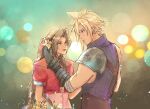  1boy 1girl aerith_gainsborough armor bandaged_arm bandages basket belt black_gloves blonde_hair blue_eyes blue_shirt blurry blurry_background braid braided_ponytail brown_belt brown_hair cloud_strife cropped_jacket dress earrings final_fantasy final_fantasy_vii flower flower_basket gloves green_eyes hair_between_eyes hair_flower hair_ornament hair_ribbon hand_in_another&#039;s_hair holding holding_basket jacket jewelry lily_(flower) long_hair looking_at_another materia papermint_tea parted_bangs parted_lips pink_dress pink_ribbon puffy_short_sleeves puffy_sleeves red_jacket red_lips ribbon shirt short_hair short_sleeves shoulder_armor sidelocks single_bare_shoulder single_braid single_earring single_shoulder_pad sleeveless sleeveless_turtleneck smile spiky_hair suspenders turtleneck upper_body wavy_hair yellow_flower 