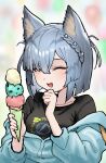  1girl :d ^_^ absurdres animal_ear_fluff animal_ears arknights balloon black_shirt blue_jacket blurry blurry_background braid breasts closed_eyes collarbone delphine_(arknights) depth_of_field facing_viewer food grey_hair hands_up highres holding holding_food ice_cream ice_cream_cone jacket landl long_sleeves medium_breasts off_shoulder puffy_long_sleeves puffy_sleeves shirt short_hair smile solo triple_scoop 