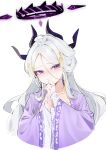  1girl absurdres ahoge alternate_costume black_horns blue_archive blush closed_mouth collarbone demon_horns grey_hair hair_ornament halo highres hina_(blue_archive) horns long_hair long_sleeves looking_at_viewer multiple_horns painterliuhao solo upper_body violet_eyes wide_sleeves 
