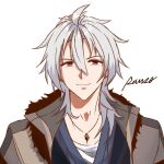  1boy blue_shirt brown_coat closed_mouth coat commentary_request crow_armbrust eiyuu_densetsu fur-trimmed_coat fur_trim grey_hair hair_between_eyes jewelry long_hair looking_at_viewer male_focus necklace oxygen00 red_eyes sen_no_kiseki sen_no_kiseki_iv shirt simple_background smile solo upper_body white_background white_shirt 