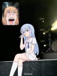  2girls bereal blue_eyes blue_hair blue_necktie buttons commentary copyright_name crossed_legs dot_nose double-breasted drawfag dress drum drum_set english_commentary english_text fake_screenshot fan_screaming_at_madison_beer_(meme) feet_out_of_frame flower gochuumon_wa_usagi_desu_ka? hair_flower hair_ornament hairclip hand_on_lap head_only highres holding holding_microphone hoto_cocoa inset instrument kafuu_chino kafuu_chino&#039;s_school_uniform light_blue_hair long_hair looking_afar looking_ahead looking_at_another looking_at_viewer man_face medium_hair meme microphone multiple_girls music necktie open_mouth orange_hair photo_background puffy_short_sleeves puffy_sleeves sailor_collar school_uniform shirt short_sleeves sidelocks singing sitting socks solo_focus stage stage_lights summer_uniform teeth third-party_source violet_eyes white_dress white_shirt white_socks white_theme x_hair_ornament 