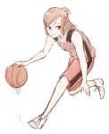  1girl ball basketball basketball_(object) basketball_uniform brown_eyes brown_hair commentary_request dribbling_(basketball) full_body hyuuga_akari jersey looking_at_viewer medium_hair nyamo parted_lips red_shirt red_shorts shirt shoes shorts simple_background sleeveless sleeveless_shirt smile sneakers solo sportswear white_background white_footwear yagate_kimi_ni_naru 