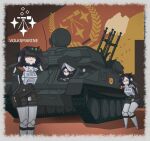  3girls anti-aircraft_gun ara_(signalis) armor belt_pouch binoculars black_hair covering_own_ears digitigrade duhota eusan_flag facial_mark firing flag german_text hard_hat helmet holding holding_binoculars kolibri_(signalis) military_vehicle motor_vehicle multiple_girls pouch shell_casing short_hair signalis tank translation_request 