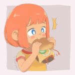  1girl ^^^ artist_name blue_eyes blush blush_stickers burger cheese child commentary dated daughter_(yoru_mac) eating english_commentary food food_bite freckles highres holding holding_burger holding_food ketchup mcdonald&#039;s misakili onion orange_hair pickle sad shirt short_hair solo tears two-tone_background yellow_shirt yoru_mac 