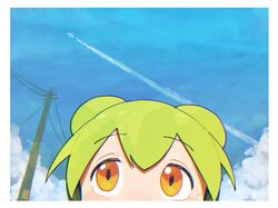  1girl aircraft airplane blue_sky blush border clouds cloudy_sky contrail day green_hair highres mouth_out_of_frame okepi outdoors power_lines sky solo sweat voicevox white_border zundamon 