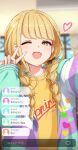  1girl blonde_hair braid commentary_request fang fujita_kotone gakuen_idolmaster highres idolmaster jacket multicolored_clothes multicolored_jacket nakata_(nkt_vvd) one_eye_closed open_clothes open_jacket open_mouth selfie smile solo twin_braids v yellow_eyes 