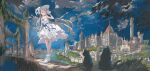  1girl animal_ears arch blonde_hair blue_sky building cat_ears cat_girl clouds collared_dress commentary dress hat highres koyamanatsu original overgrown plant red_eyes ribbon scenery sky solo staff vegetation white_dress witch_hat 