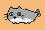  animal animal_focus black_mouth cat commentary dogbooru english_commentary fish full_body fusion looking_at_viewer medibang_paint_(medium) no_humans no_nose open_mouth orange_background original sacabambaspis simple_background solo triangle_mouth 