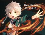  1boy absurdres blonde_hair book braid brown_scarf casting_spell clanne_(fire_emblem) dated feruinne0_0 fire_emblem fire_emblem_engage green_hair happy_birthday highres holding holding_book looking_at_viewer male_focus multicolored_hair open_mouth plaid plaid_scarf scarf two-tone_hair yellow_eyes 