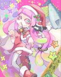  1girl alternate_costume aqua_eyes blue_eyes capelet christmas clownfish dress drooling eyelashes fake_facial_hair fake_mustache fish fur-trimmed_capelet fur-trimmed_dress fur-trimmed_headwear fur_trim gradient_hair green_hair grey_thighhighs harmony&#039;s_clownfish_(splatoon) harmony_(splatoon) hat holding holding_sack holly koike3582 long_hair multicolored_hair open_mouth over_shoulder pink_hair red_capelet red_dress red_hat sack santa_costume santa_dress santa_hat skateboard solo splatoon_(series) tentacle_hair thigh-highs two-tone_eyes two-tone_hair very_long_hair zettai_ryouiki 