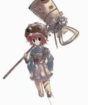  1other :3 adapted_costume androgynous atoymk bandage_on_face bandages blue_shirt brown_helmet closed_mouth collared_shirt frilled_skirt frills goggles goggles_on_headwear hair_between_eyes hand_on_own_hip helmet highres holding katano_sukune katano_sukune&#039;s_bottle_opener len&#039;en other_focus pleated_skirt red_eyes redhead shirt short_hair simple_background sketch skirt solo steampunk white_background white_skirt 