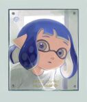  1girl blue_hair blue_pupils blue_tongue blush colored_tongue commentary_request dokkoi_yuzame grey_eyes head_tilt highres inkling inkling_(language) inkling_girl inkling_player_character looking_at_mirror mirror parted_lips pointy_ears reflection shirt short_hair solo splatoon_(series) sticker suction_cups tentacle_hair upper_body white_shirt 
