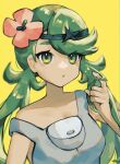  1girl absurdres asatte_3z breasts collarbone flower green_eyes green_hair hand_up headband highres long_hair mallow_(pokemon) medium_breasts pink_flower pokemon pokemon_sm pout simple_background solo strap_slip swept_bangs twirling_hair upper_body yellow_background 