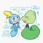  artist_name aukives blue_eyes blue_skin blush chibi closed_eyes colored_skin english_text green_skin looking_at_another looking_at_viewer no_humans open_mouth pokemon pokemon_(creature) sobble sparkle sparkling_eyes treecko 