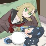  2girls animal_ears baby bad_id bad_twitter_id black_choker black_hair blonde_hair blue_hair brown_sweater character_request choker dakimakura_(object) fins fish_tail green_eyes hand_on_own_head head_rest highres inactive_account insect_hair_ornament long_hair looking_at_object looking_at_viewer looking_to_the_side lying matangom matangomu-chan multicolored_hair multiple_girls neckerchief on_back original parody parody_request pillow red_neckerchief school_uniform serafuku smile streaked_hair sweater tail v-shaped_eyebrows 