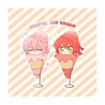  2girls blush bocchi_the_rock! border chibi chibi_only closed_eyes closed_mouth commentary_request cube_hair_ornament english_text flower food gotoh_hitori hair_ornament ice_cream ice_cream_cone ice_cream_stand in_food kita_ikuyo long_hair looking_at_viewer mini_person minigirl multiple_girls one_side_up pink_hair rebecca_(keinelove) redhead sparkle striped_background white_border yellow_eyes 