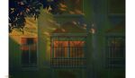  balcony chinese_commentary commentary_request dappled_sunlight dated house no_humans original outdoors pillarboxed sanshui_guantang scenery signature sunlight sunset tree window 