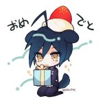 1boy ahoge animal_ears artist_name bad_id bad_twitter_id birthday black_footwear black_jacket black_pants black_sleeves blue_hair chibi collared_jacket commentary_request dalrye_v3 danganronpa_(series) danganronpa_v3:_killing_harmony dog_ears dog_tail eyelashes floppy_ears food food_on_head fruit gift gradient_hair hair_between_eyes happy_birthday high_collar holding holding_gift jacket kemonomimi_mode kneeling korean_commentary light_blush long_sleeves looking_at_object lowres male_focus multicolored_hair object_on_head open_mouth pants pinstripe_jacket pinstripe_pants pinstripe_pattern saihara_shuichi shoes short_hair simple_background socks sparkle strawberry tail vertical-striped_sleeves whipped_cream white_background yellow_eyes