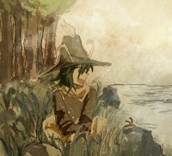  1other amanomori_shou androgynous antennae branch brown_eyes brown_hat brown_sleeves chinese_commentary clouds cloudy_sky commentary_request day detached_sleeves forest full_body grass green_eyes green_footwear green_hair hair_between_eyes hands_on_lap happy hat highres layered_sleeves len&#039;en long_sleeves looking_to_the_side medium_hair nature open_mouth other_focus outdoors pants river rock scenery shi_tong shirt shoes sitting sky smile solo turtleneck turtleneck_shirt wet white_pants white_shirt wide_brim 