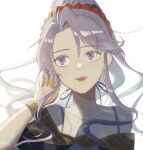  1girl :d bare_shoulders bracelet collarbone fire_emblem fire_emblem:_genealogy_of_the_holy_war hair_between_eyes hairband highres jewelry kabos_(kabos000kbs) long_hair open_mouth ponytail purple_hair red_hairband smile solo tailtiu_(fire_emblem) teeth twitter_username upper_body upper_teeth_only violet_eyes white_background 