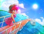  1girl blue_eyes boat braid braided_ponytail clouds dock dress genderswap genderswap_(mtf) grin hand_on_own_head hand_on_railing hat island looking_at_viewer ocean outdoors pink_dress ranma-chan ranma_1/2 redhead saotome_ranma shining signature sky smile solo straw_hat sun sundress sunlight wanta_(futoshi) watercraft 