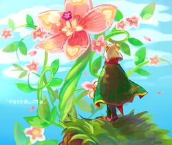  1boy black_pants blue_sky blunt_bangs cape cliff clouds commentary_request day dreamstalk falling_petals flower from_behind full_body gloves grass green_cape horns kirby:_triple_deluxe kirby_(series) male_focus mato_(mozu_hayanie) outdoors pants personification petals pink_flower rayman_limbs red_footwear red_scarf scarf shadow shoes short_hair signature sky solo spider_web_print standing sunlight taranza translation_request white_gloves white_hair wind yellow_horns 