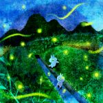  black_eyes blue_sky cat commentary_request fireflies forest grass highres looking_down nature night no_humans no_mouth original outdoors oyuge_design plant river sky wading 