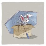  blue_eyes border box cardboard_box cat colored_sclera glameow grey_background grey_fur grey_umbrella highres in_box in_container lila_0219 no_humans outside_border pokemon pokemon_(creature) rain simple_background solo translation_request two-tone_fur umbrella white_border white_fur yellow_sclera 