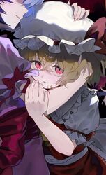  2girls back_bow blonde_hair blue_hair bow closed_mouth commentary crossed_bangs dark_background fang fang_out fingernails flandre_scarlet frilled_hat frilled_shirt_collar frilled_sleeves frills hand_in_another&#039;s_hair hand_on_another&#039;s_arm hand_on_another&#039;s_head hat highres hug light_smile long_fingernails mob_cap multiple_girls pechika_01 puffy_short_sleeves puffy_sleeves red_bow red_eyes red_skirt red_vest remilia_scarlet short_sleeves siblings sisters skirt skirt_set solo_focus touhou vest white_bow white_hat 