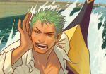  1boy close-up commentary derivative_work earrings green_hair highres jewelry long_sleeves looking_ahead male_focus nyatthecat one_piece open_clothes open_mouth open_shirt roronoa_zoro screenshot_redraw shirt short_hair sideburns solo spiky_hair sweatdrop v-shaped_eyebrows water white_shirt 