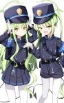  2girls black_hat black_jacket black_shorts black_skirt black_tail blue_archive blush buttons closed_mouth double-breasted fang gloves green_hair green_halo halo hat highlander_sidelocks_conductor_(blue_archive) highlander_twintails_conductor_(blue_archive) highres jacket long_hair long_sleeves multiple_girls pantyhose peaked_cap pleated_skirt pointy_ears sabana shorts simple_background skin_fang skirt smile white_background white_gloves white_pantyhose yellow_eyes 