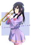  1girl artist_name black_hair copyright_name dated english_text hibike!_euphonium highres holding holding_instrument instrument jacket kitauji_high_school_uniform kousaka_reina looking_at_viewer neckerchief nii_manabu purple_jacket purple_skirt red_neckerchief school_uniform skirt smile solo trumpet violet_eyes white_background 