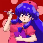  1girl breasts circle double_bun hair_bun hat lowres nurse nurse_cap pen purple_hair ranma_1/2 red_background shampoo_(ranma_1/2) solo wanta_(futoshi) 