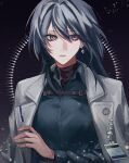  1girl black_background black_hair black_shirt chest_strap chief_(path_to_nowhere) coat coat_on_shoulders collared_shirt commentary_request earrings female_chief_(path_to_nowhere) grey_coat grey_eyes hair_between_eyes highres id_card isakuu jewelry long_hair looking_at_viewer parted_lips path_to_nowhere shirt solo upper_body 