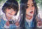  2girls black_hair blue_jacket brown_eyes bubble_gum_(newjeans) camera chinese_commentary forehead grey_eyes hanni_(newjeans) highres holding holding_camera jacket k-pop looking_at_viewer mantang_hua minji_(newjeans) multiple_girls newjeans open_mouth portrait procreate_(medium) real_life short_hair sleeves_past_wrists smile v viewfinder 