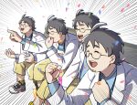  4boys :d blue_shirt clenched_hands closed_eyes coat commentary_request confetti emphasis_lines excited facial_hair gaijin_4koma_(meme) glasses hands_up happy highres male_focus meme multiple_boys neroli_(pokemon) open_mouth pointing pokemon pokemon_sleep shigeru_(tezx2228) shirt shoes short_hair shorts smile socks stubble teeth tongue upper_teeth_only white_background white_coat yellow_shorts yellow_socks 