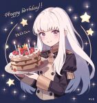  1girl birthday_cake blue_background buttons cake candle cropped_torso english_text fire_emblem fire_emblem:_three_houses food garreg_mach_monastery_uniform happy_birthday highres holding holding_tray long_hair long_sleeves looking_at_viewer lysithea_von_ordelia pink_eyes solo star_(symbol) tray white_hair yuurururun 