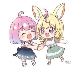  2girls ^_^ ahoge animal_ear_fluff animal_ears artist_name blonde_hair blouse blue_bow blue_dress blush_stickers bob_cut bow braid candy_hair_ornament chibi chibi_only closed_eyes commentary_request dress food-themed_hair_ornament fox_ears fox_girl full_body gradient_hair green_skirt hair_bow hair_ornament hairclip high-waist_skirt highres himemori_luna himemori_luna_(sundress) hololive looking_at_another medium_hair multicolored_hair multiple_girls official_alternate_costume official_alternate_hairstyle omaru_polka omaru_polka_(street_casual) open_mouth pink_hair purple_hair sailor_collar see-through see-through_sleeves shirt short_sleeves side_braid signature simple_background single_braid skirt sleeveless sleeveless_dress smile standing standing_on_one_leg star-shaped_pupils star_(symbol) symbol-shaped_pupils two-tone_skirt uniten_31 violet_eyes virtual_youtuber white_background white_sailor_collar white_shirt white_skirt 