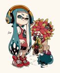 2girls :&gt; annie_(splatoon) arrow_print artist_name baseball_cap black_footwear black_scarf black_shorts blue_eyes blue_hair blunt_bangs box cardboard_box closed_mouth clownfish colored_eyelashes commentary_request fish full_body furrowed_brow green_hair green_hoodie green_shirt hair_ornament hand_on_headphones hat headphones headphones_around_neck highres hood hoodie inkling_girl inkling_player_character jelonzo_(splatoon) jersey long_hair looking_at_another moe_(splatoon) multicolored_hair multiple_girls on_stool one_eye_closed open_clothes open_hoodie pants print_hoodie red_footwear red_pants red_pupils redhead scarf shirt shoes shogo_(shogo70449442) short_hair short_sleeves shorts sitting sleeves_past_wrists smile sneakers spiky_hair splatoon_(series) splatoon_1 standing star_(symbol) star_hair_ornament striped_clothes striped_scarf tentacle_hair thick_eyebrows twintails two-tone_hair very_long_hair white_shirt 