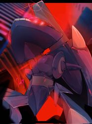  armor cannon clenched_teeth colored_sclera from_below genesect glowing glowing_eyes highres ni_celery_pk no_humans non-humanoid_robot pokemon pokemon_(creature) pokemon_focus purple_armor red_eyes red_light red_sclera robot solo teeth 