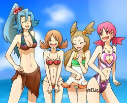  4girls atrass bikini blue_hair bow bow_bikini bracelet breasts brown_bikini brown_hair brown_sarong clair_(pokemon) cleavage_cutout clenched_hands closed_eyes clothing_cutout earrings english_text flat_chest flower food-themed_hair_ornament hair_bobbles hair_flower hair_ornament hairclip hand_on_own_chest hand_on_own_hip heart hoop_earrings jasmine_(pokemon) jewelry large_breasts laughing leg_tattoo long_hair lyra_(pokemon) medium_breasts multicolored_bikini multicolored_clothes multiple_girls navel necklace ocean one-piece_swimsuit open_mouth orange_hair_ornament pendant pink_hair pink_one-piece_swimsuit poke_ball_symbol pokemon pokemon_hgss ponytail purple_one-piece_swimsuit red_bikini red_bow sarong skirt smile stomach_cutout string_bikini swimsuit swimsuit_skirt tall_female tattoo text_tattoo torn_clothes torn_skirt twintails v_arms water white_one-piece_swimsuit white_skirt whitney_(pokemon) wide_hips yellow_bikini 