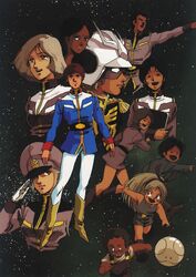  1980s_(style) 4boys 6+girls amuro_ray belt bindi black_hair blonde_hair boots bright_noa char_aznable child dark_skin earth_federation eyemask fraw_bow gundam hair_ribbon haro hat helmet highres katz_kobayashi kikka_kitamoto lalah_sune letz_cofan looking_at_viewer matilda_ajan mikimoto_haruhiko military military_uniform mirai_yashima mobile_suit_gundam multiple_boys multiple_girls open_mouth pointing pointing_forward promotional_art redhead retro_artstyle ribbon robot salute sayla_mass scan science_fiction serious smile space starry_background traditional_media uniform zeon 