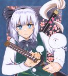  1girl absurdres black_bow black_bowtie black_hairband blue_border blue_eyes border bow bowtie bright_pupils closed_mouth commentary_request ghost grey_hair hairband highres holding holding_sword holding_weapon katana konpaku_youmu konpaku_youmu_(ghost) long_sleeves looking_at_viewer matsuri_kyuuta short_hair solo sword sword_behind_back touhou upper_body v-shaped_eyebrows weapon white_pupils 