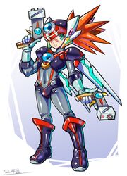  1boy adapted_costume armor axl_(mega_man) black_footwear black_helmet blue_eyes bodysuit boots brown_hair cross_scar dual_wielding energy_gun forehead_jewel full_body grey_bodysuit gun helmet highres holding holding_gun holding_weapon long_hair male_focus mechanical_wings mega_man_(series) mega_man_battle_network_(series) mega_man_x_(series) netnavi oomasa_teikoku red_helmet scar scar_on_face shoulder_armor solo spiky_hair trigger_discipline weapon wings 