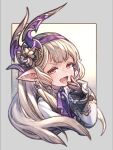  1girl ascot black_gloves brown_hair ce5 collar dress earrings flower gloves granblue_fantasy granblue_fantasy:_relink grey_background hair_flower hair_ornament hairband harvin highres jewelry laughing light_particles long_hair long_sleeves looking_at_viewer maglielle_(granblue_fantasy:_relink) open_mouth petite pointy_ears purple_ascot purple_hairband red_eyes simple_background smile square sunlight upper_body very_long_hair white_dress 