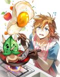  1boy apple apron black_gloves blonde_hair blue_eyes blue_shirt blush bow chopsticks collarbone cooking earrings egg fire fish flipping_food food fried_egg frills fruit frying_pan gloves hair_between_eyes highres holding holding_chopsticks holding_frying_pan jewelry link looking_at_food male_focus medium_hair nintendomylife open_mouth panicking pink_apron pink_bow pointy_ears shirt short_ponytail simple_background solo stove teeth the_legend_of_zelda upper_body upper_teeth_only white_background 