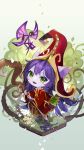 1girl :d absurdres animal_ears aoko_(torisoboro) blush colored_skin dress fang full_body green_eyes hat highres holding league_of_legends long_hair long_sleeves looking_at_viewer lulu_(league_of_legends) open_mouth pix_(league_of_legends) pointy_ears purple_hair purple_skin red_dress smile staff standing tongue witch_hat yordle 